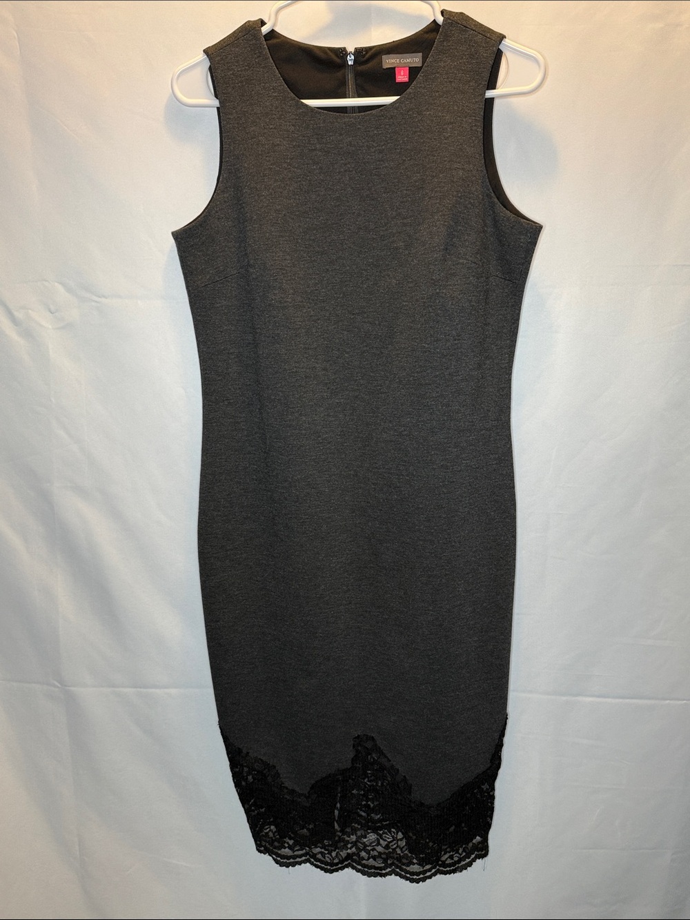 Vince Camuto Charcoal Gray Sleeveless Sheath Dress with Black Lace Hem